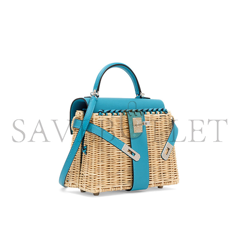 HERMÈS MASTER BLEU DU NORD SWIFT LEATHER & OSIER MINI PICNIC KELLY 20 WITH PALLADIUM HARDWARE (20*14*8cm) 